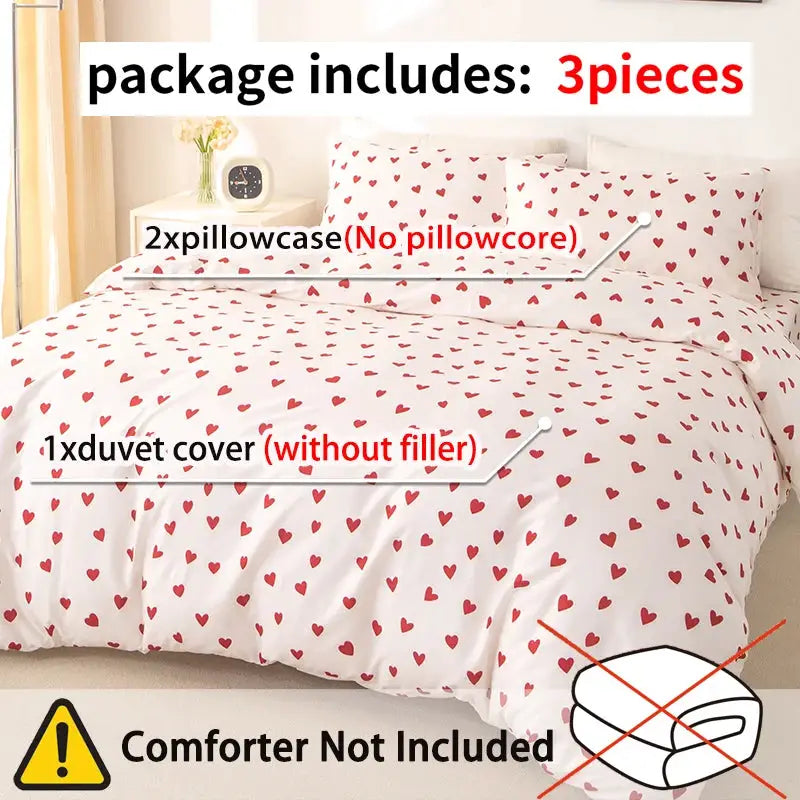 3-piece red heart printed duvet cover set by Simples Market; includes 1 duvet cover and 2 pillowcases