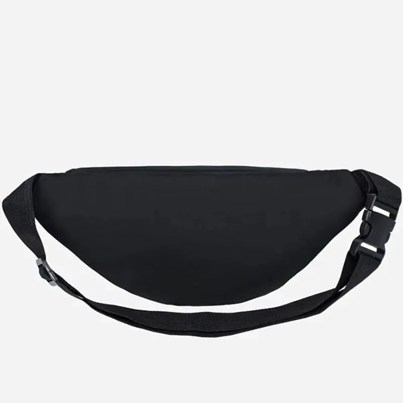 Black fanny pack with adjustable strap and plastic buckle, outdoor waist bag