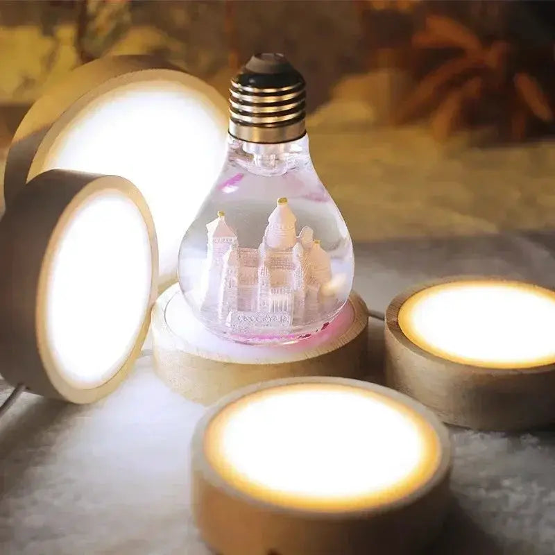 Round wooden LED night light bases by Simples Market, 1–4pcs, with a 3D castle glass ball display