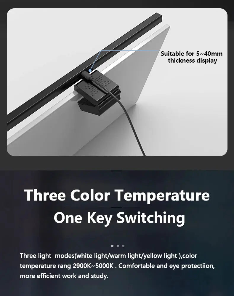 50cm monitor light bar by Simples Market clipped to a monitor; USB desk lamp with stepless dimming and 3 color temps