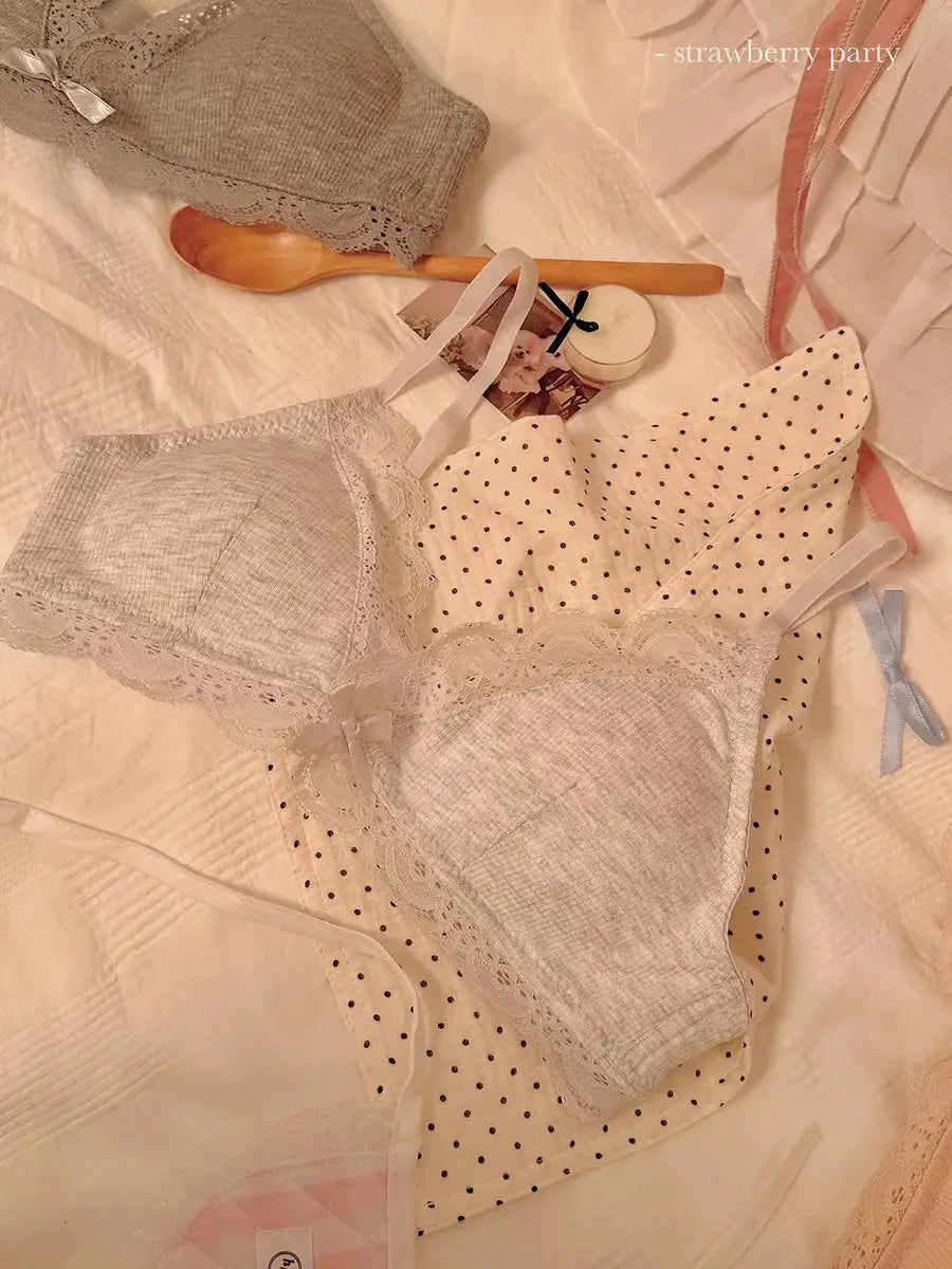 Sweet Girl lace triangle bra and matching polka-dot panties set in pale cream lace with bow, wire-free