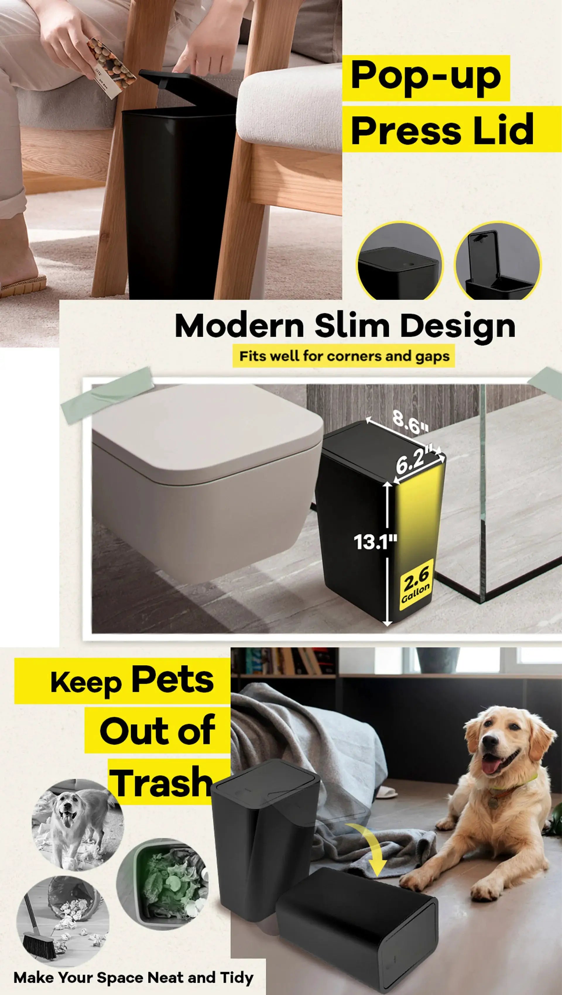Simples Market 10L bathroom trash can with pop-up lid; compact black plastic wastebasket fits corners.