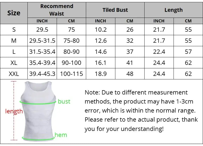 Simples Market men's slimming vest bodysuit in white; shapewear with bust and hem measurements, size chart
