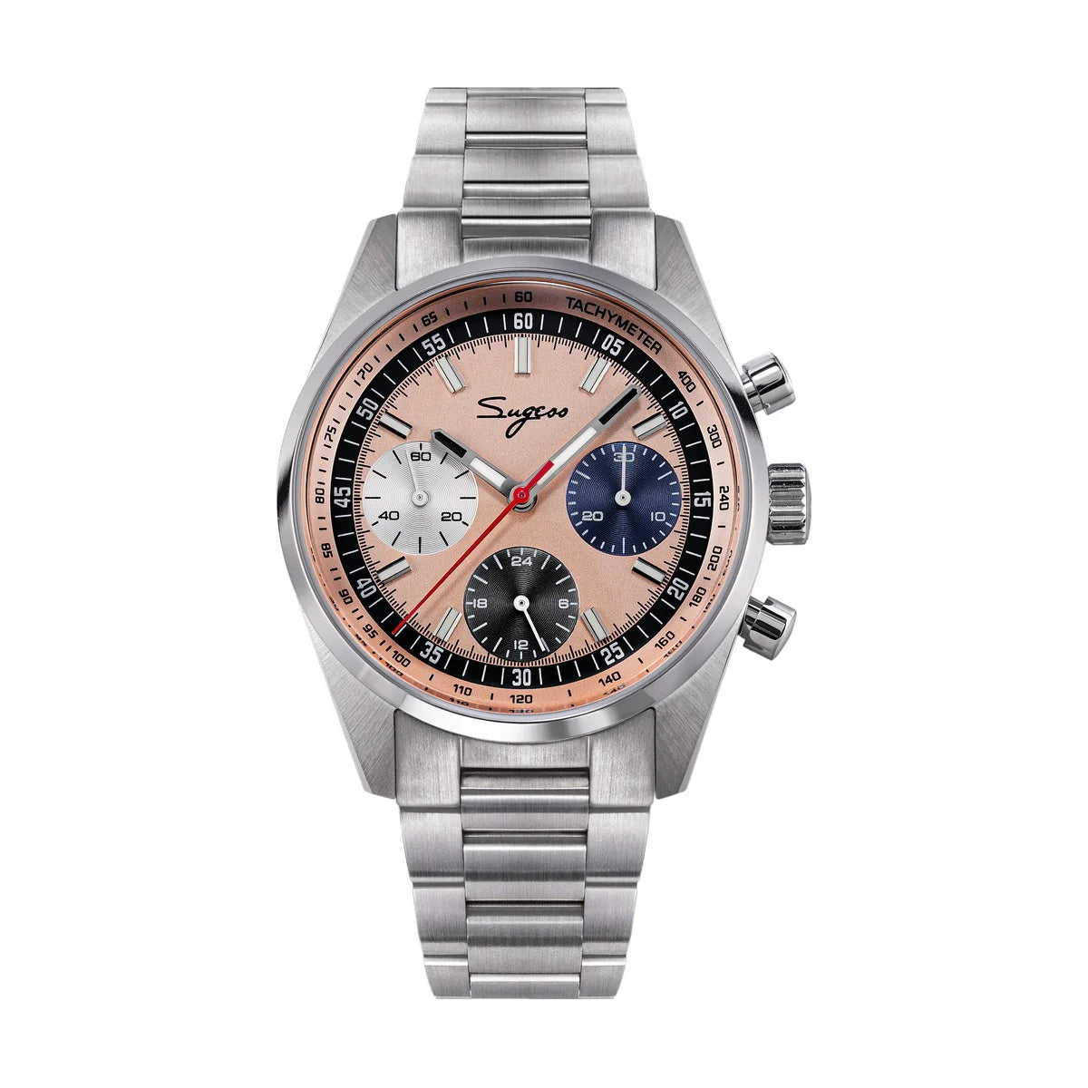 Sugess Mens 38mm chronograph watch with peach dial, tachymeter bezel, stainless steel bracelet