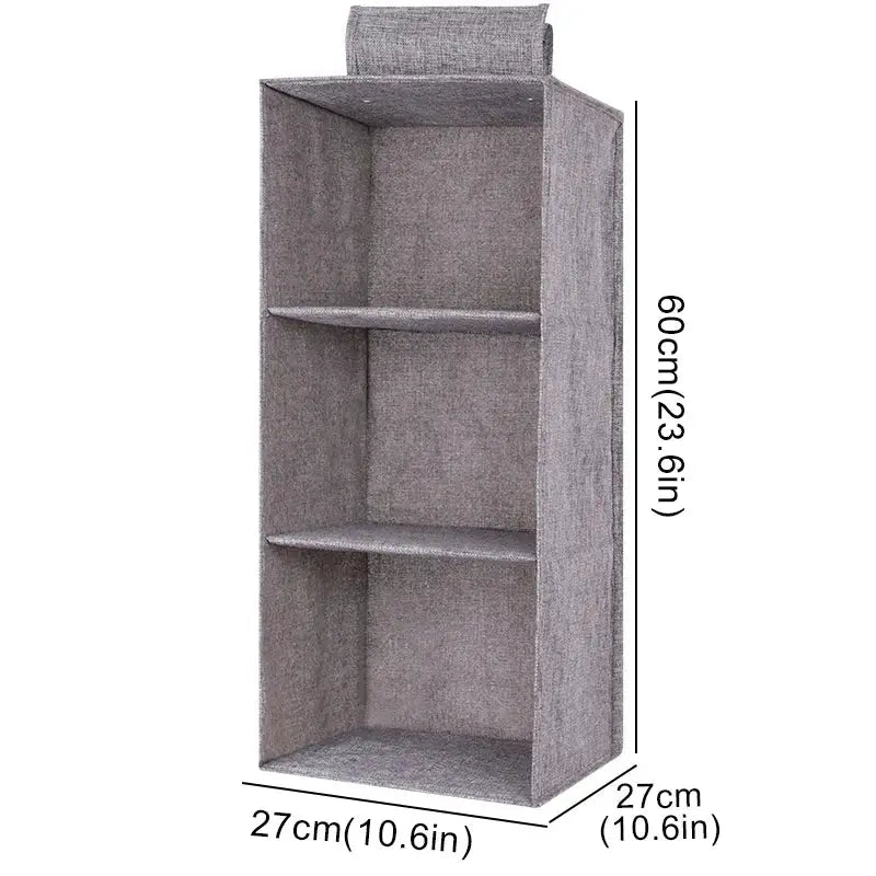 Cotton-linen hanging wardrobe organizer by Simples Market, gray fabric, 60cm tall and 27cm wide with three shelves