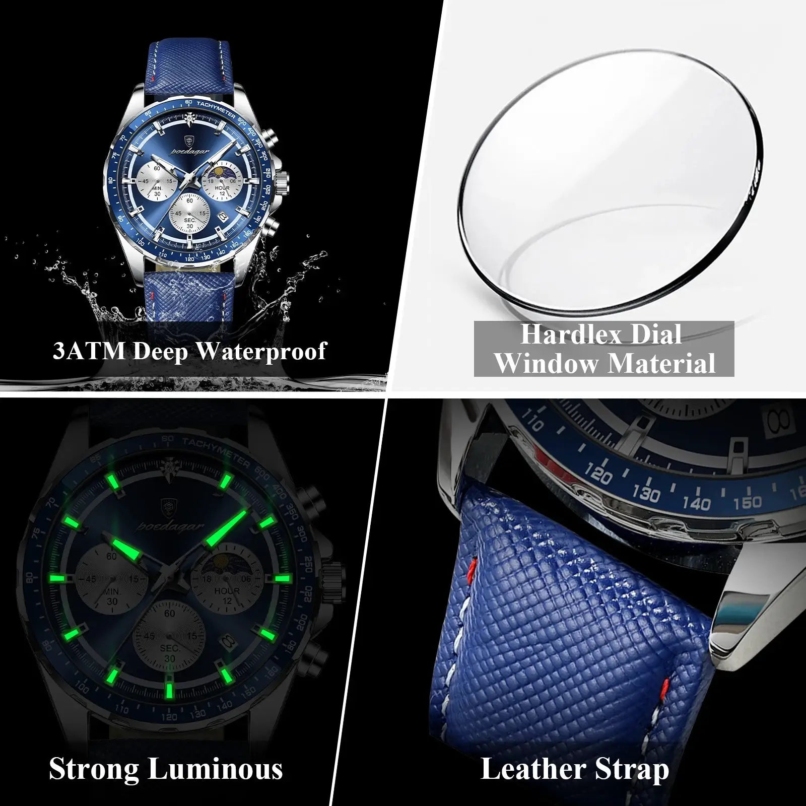 POEDAGAR men's blue dial chronograph wristwatch with leather strap, Hardlex glass, 3ATM water resistant