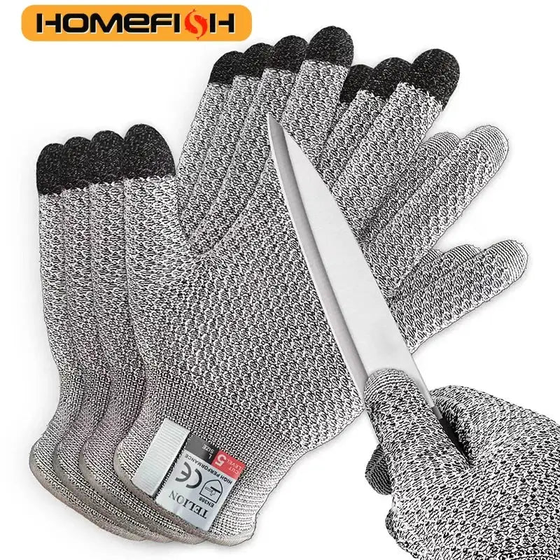 Anti-cutting gloves; metal mesh kitchen gloves with touch-screen compatibility, silver-gray