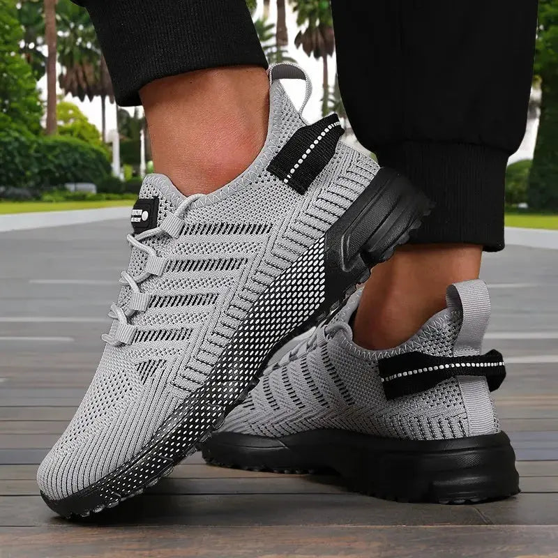 Men's gray knit sneakers with thick black sole, breathable lightweight running shoes by Simples Market