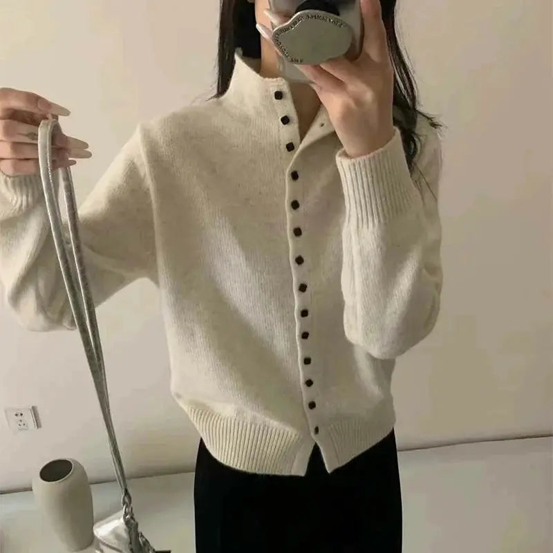 CozyWear Women's Standup Collar Cardigan Sweater Heavyweight Knit Single Breasted Autumn Outerwear