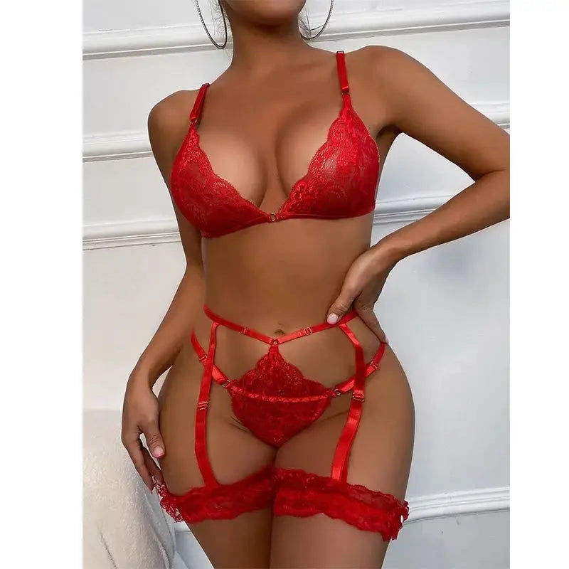 LaceLove Womens Sexy Lace Lingerie Set See Through Mesh Babydoll Garters Bra Panty