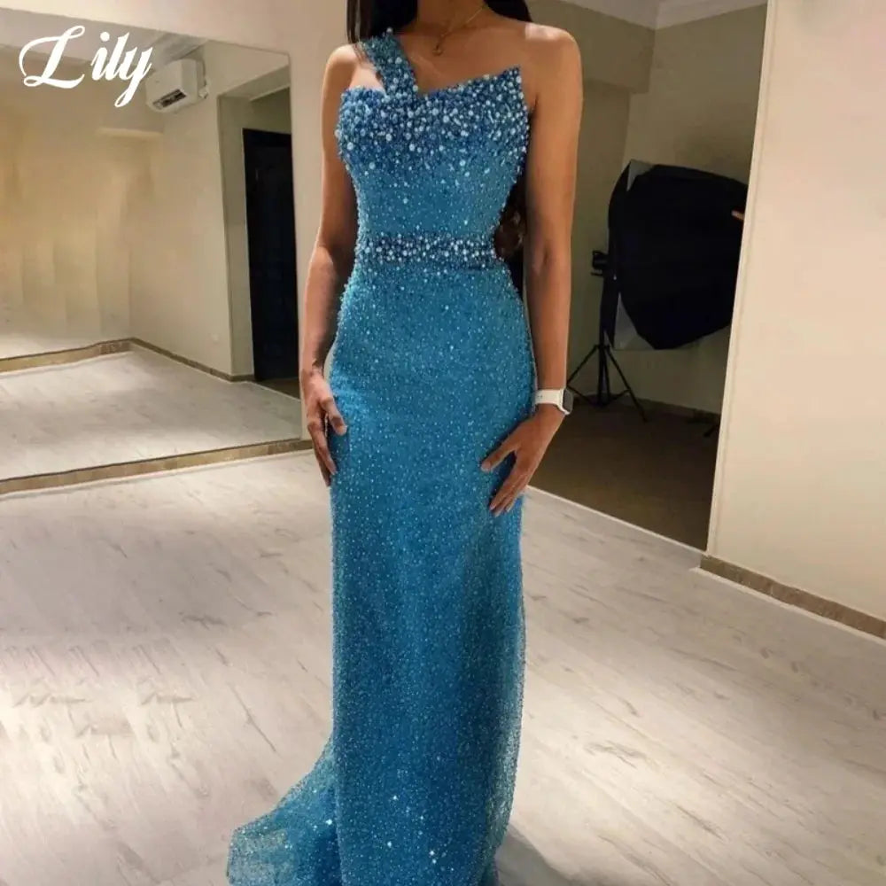 Lily Blue Prom Dress One Shoulder Sleeveless Mermaid Gown Rhinestones