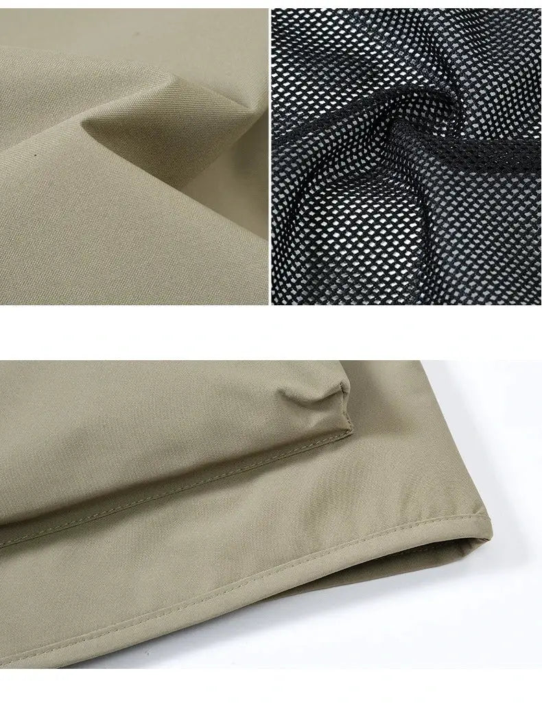 FGKKS men's beige vest with solid fabric and black mesh lining, close-up hem detail