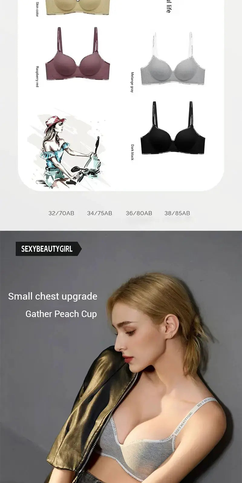 Simples Market FINETOO seamless push-up bras; four color options (beige, raspberry red, gray, black), sizes 32–38AB.