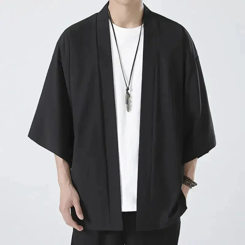 Men's black kimono cardigan, lightweight casual outerwear with open front and 3/4 sleeves
