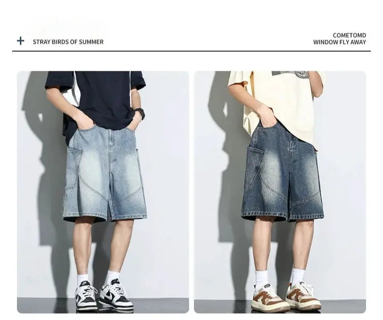 Baggy denim shorts in light and dark washes with drawstring waist, men's streetwear (2 pairs)