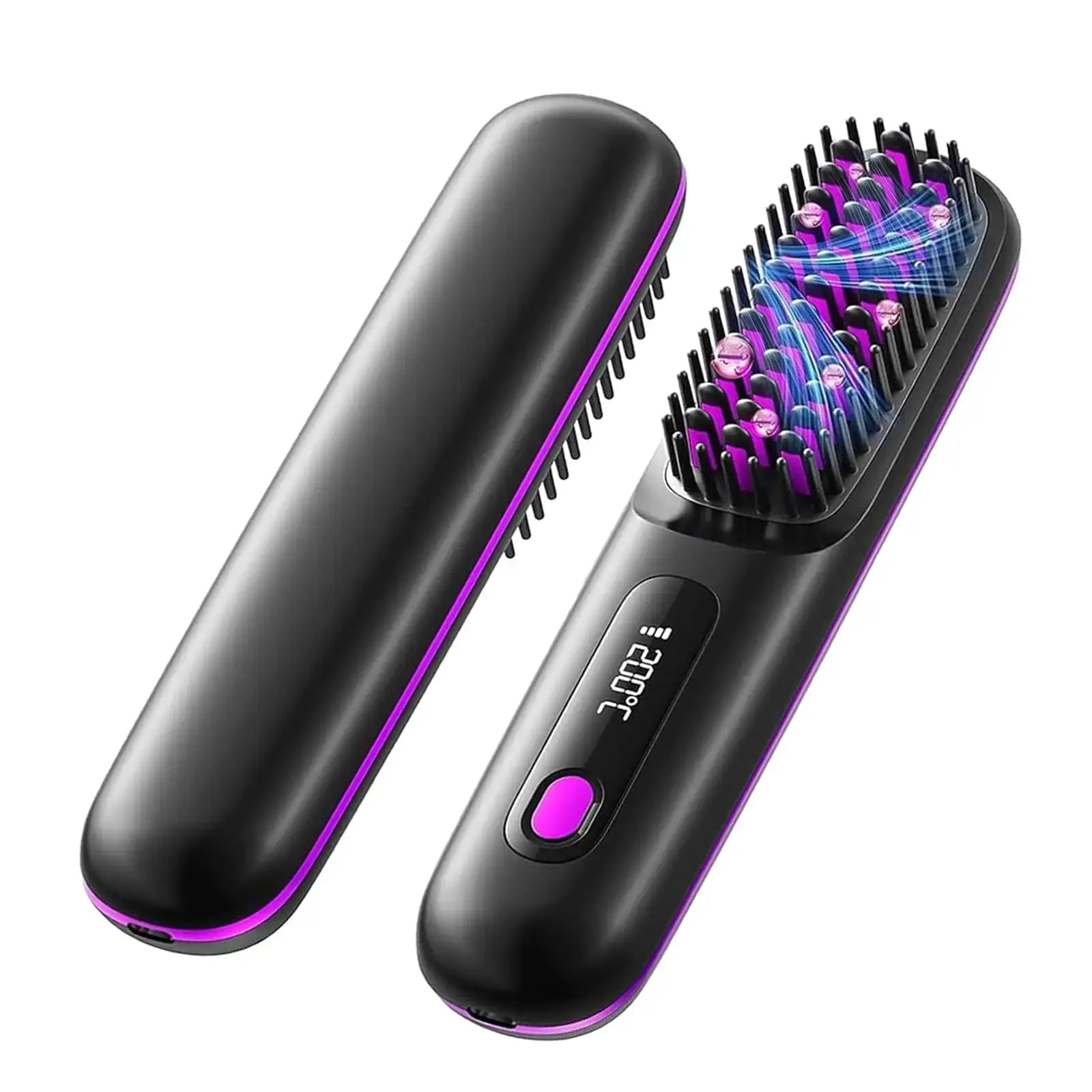 Simples Market USB cordless hair straightener brush pair with LED display, ceramic coating, ionic tech, purple trim