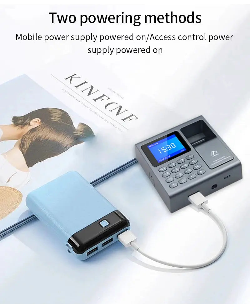 Biometric fingerprint scanner RFID access control system with USB time recorder; blue power bank connected, two devices shown