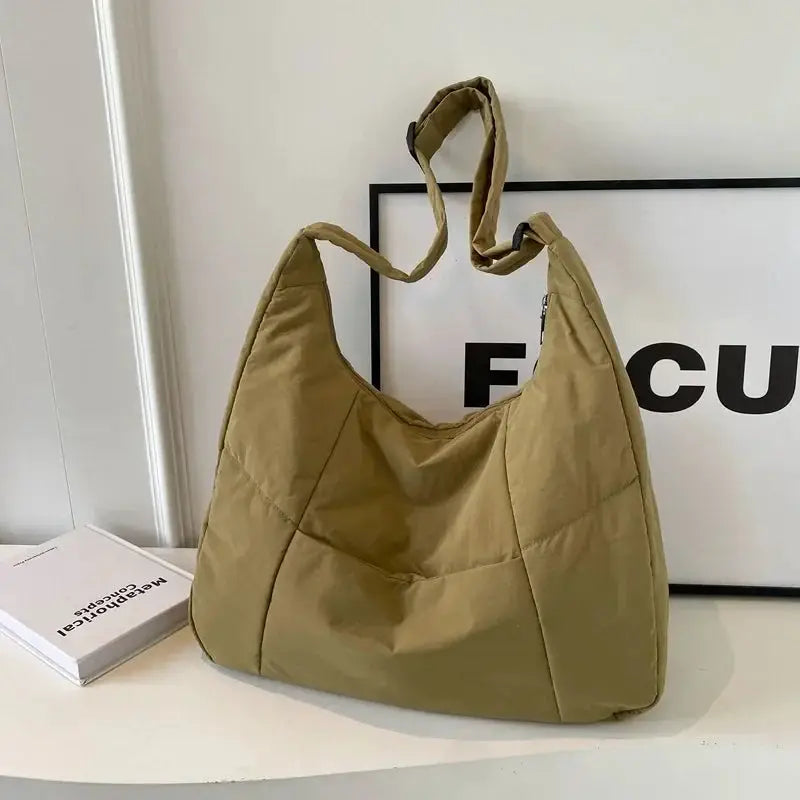 Trendy women's soft cloth shoulder bag, khaki quilted tote with roomy interior for casual crossbody use
