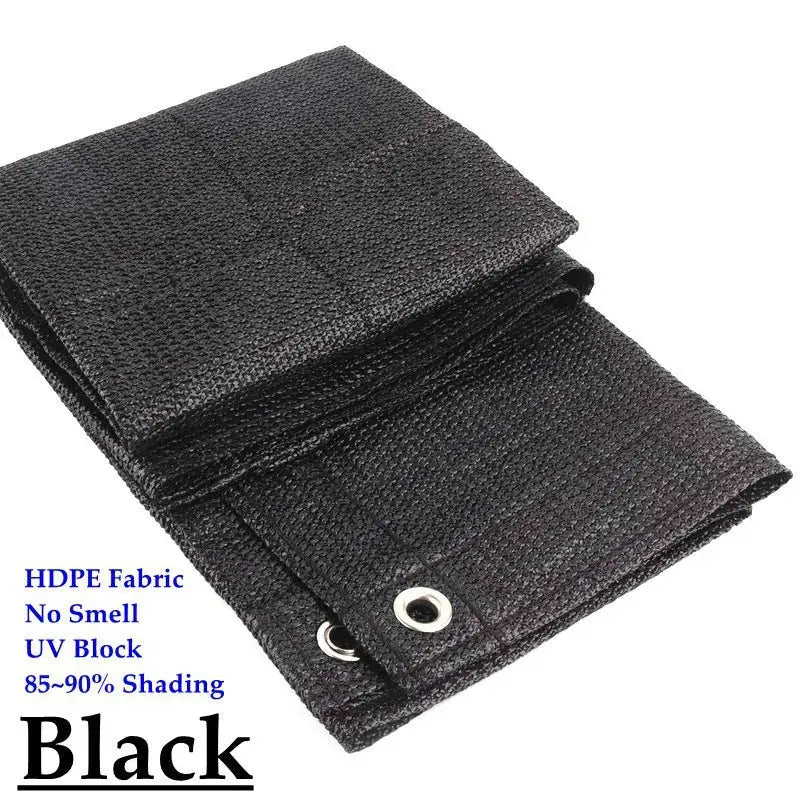 HDPE sun shade net roll, black with metal grommets for pergola and garden shade.