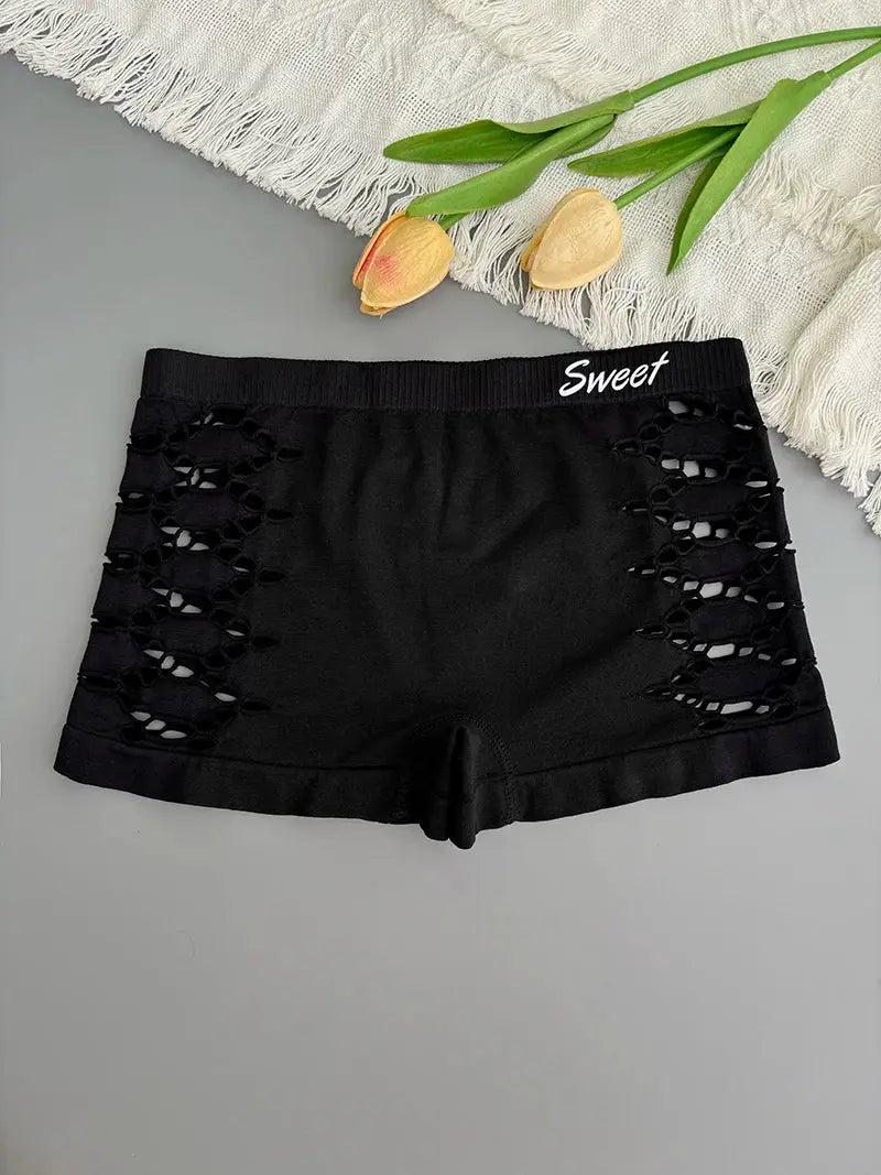 Simples Market black seamless sports underwear shorts with side hollow mesh panels and a Sweet waistband