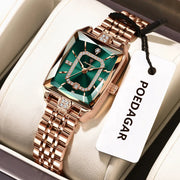 POEDAGAR rose-gold luxury women's wristwatch with green dial, diamond-studded bezel and date window