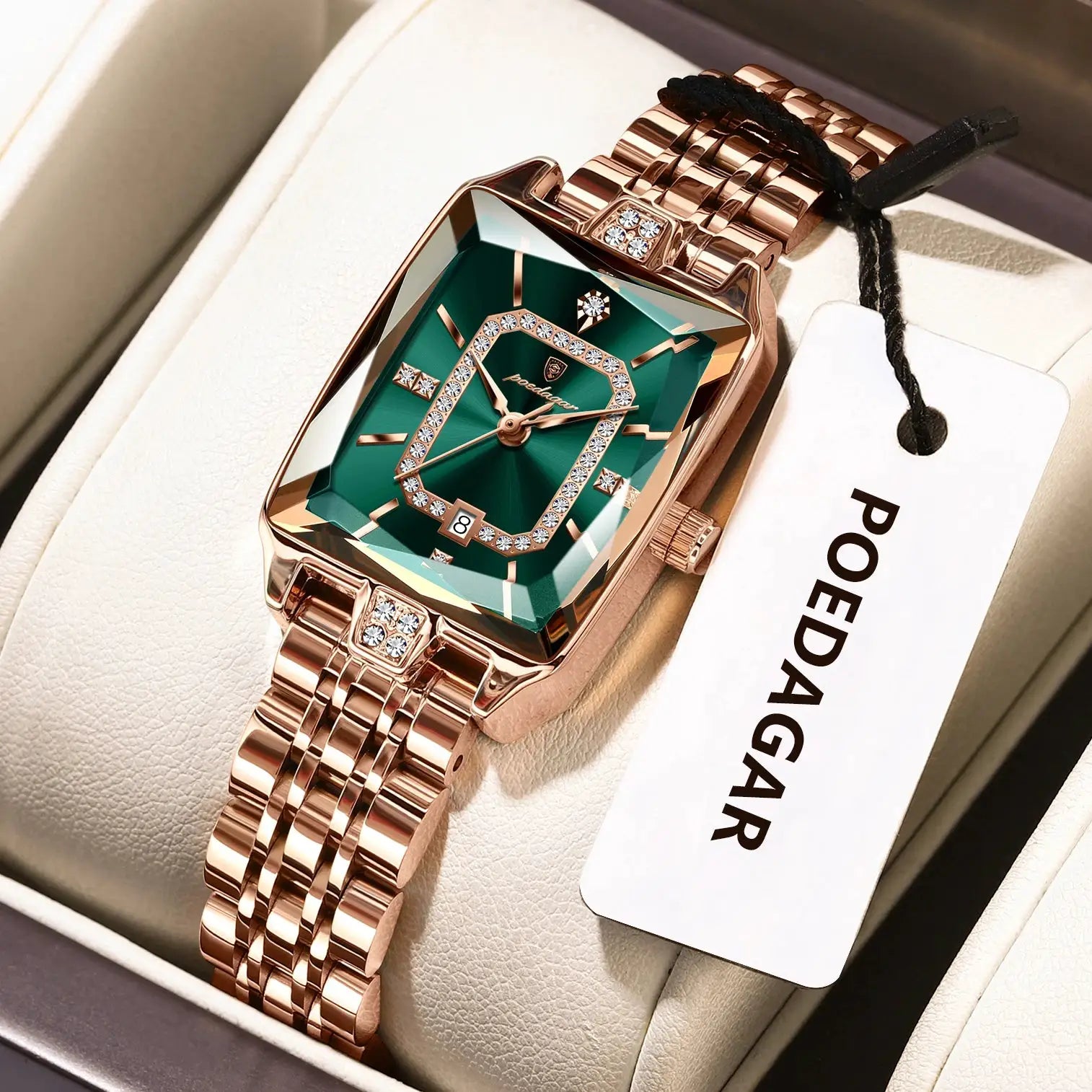 POEDAGAR rose-gold luxury women's wristwatch with green dial, diamond-studded bezel and date window