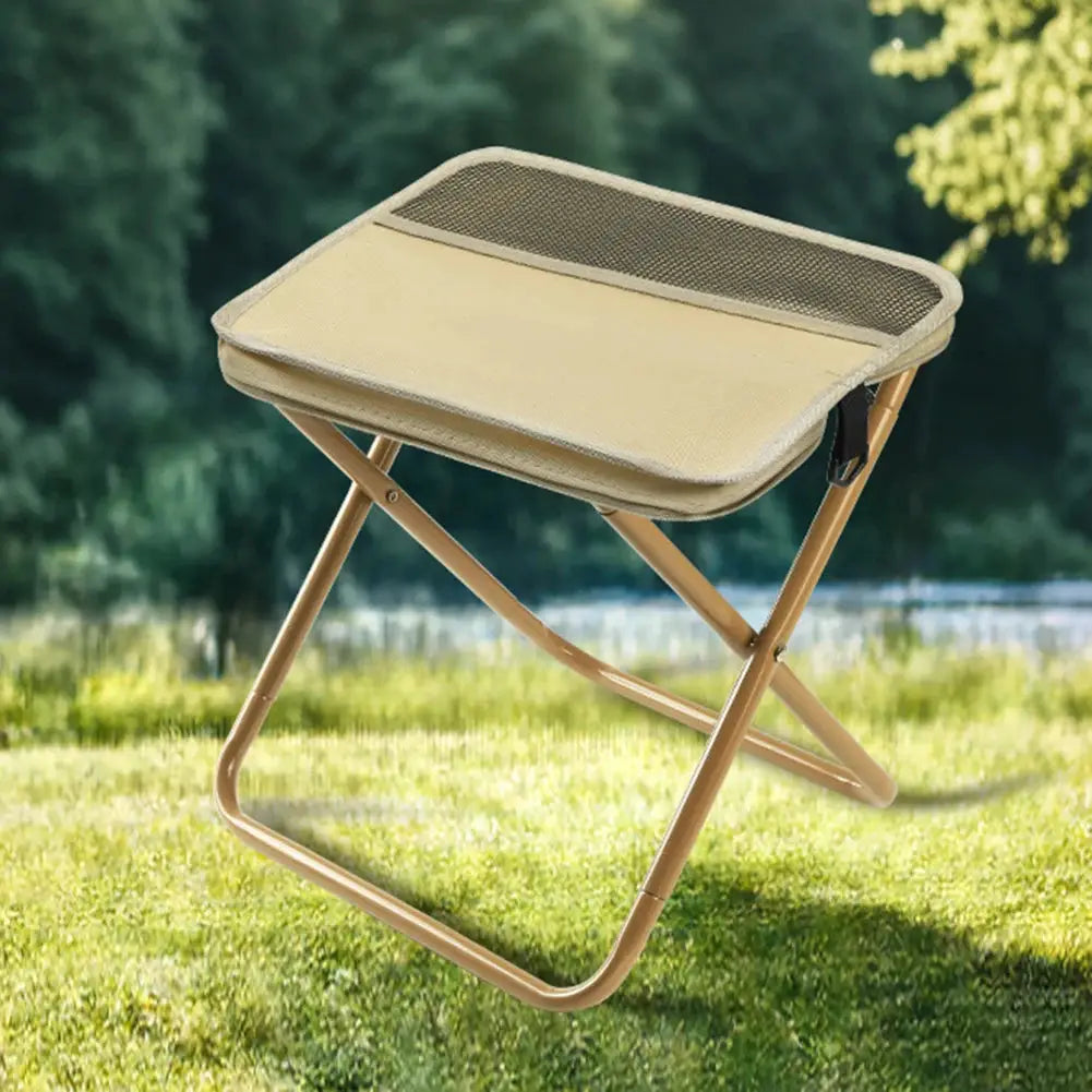 Simples Market beige folding stool for outdoor use with shoulder-bag style carrying strap, portable camping chair