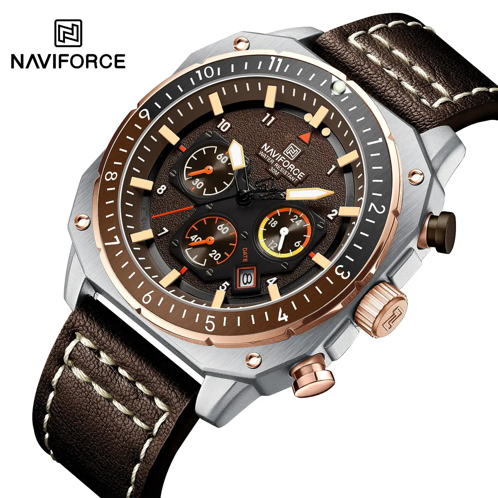Naviforce men's sports multifunction watch with brown dial, brown leather strap, rose-gold bezel, and chronograph subdials
