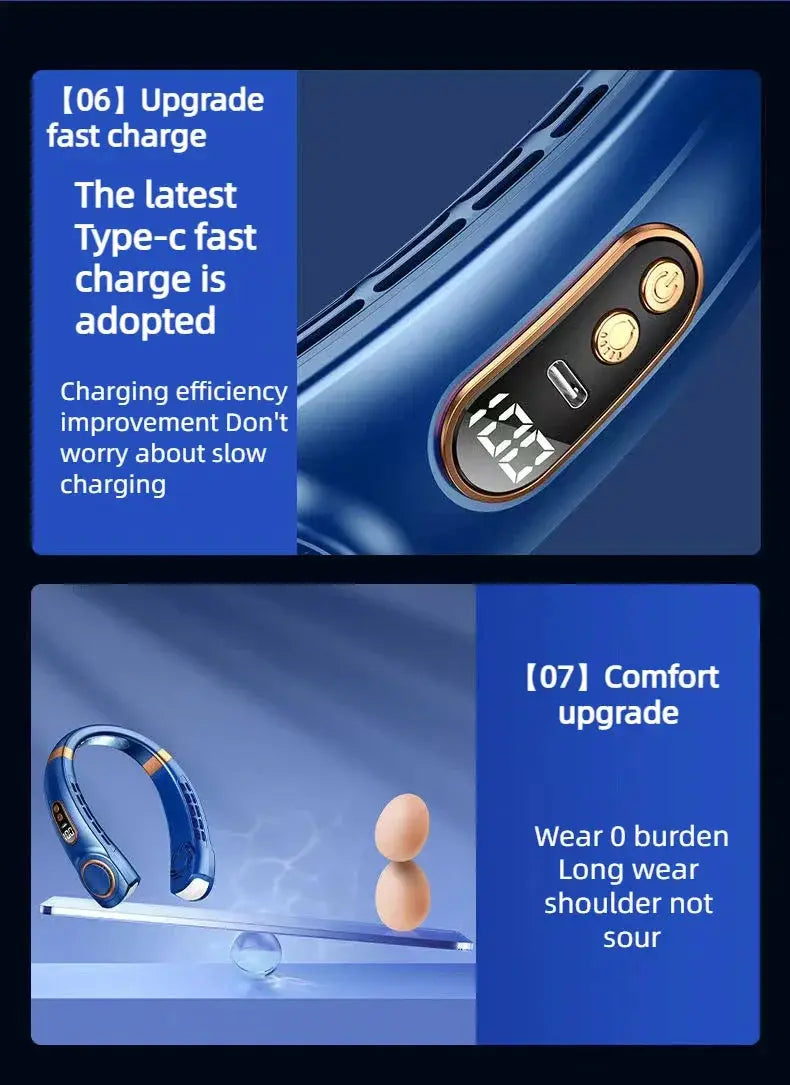 JKUOO portable neck fan, blue bladeless personal fan with LED display and USB rechargeable 4000mAh battery
