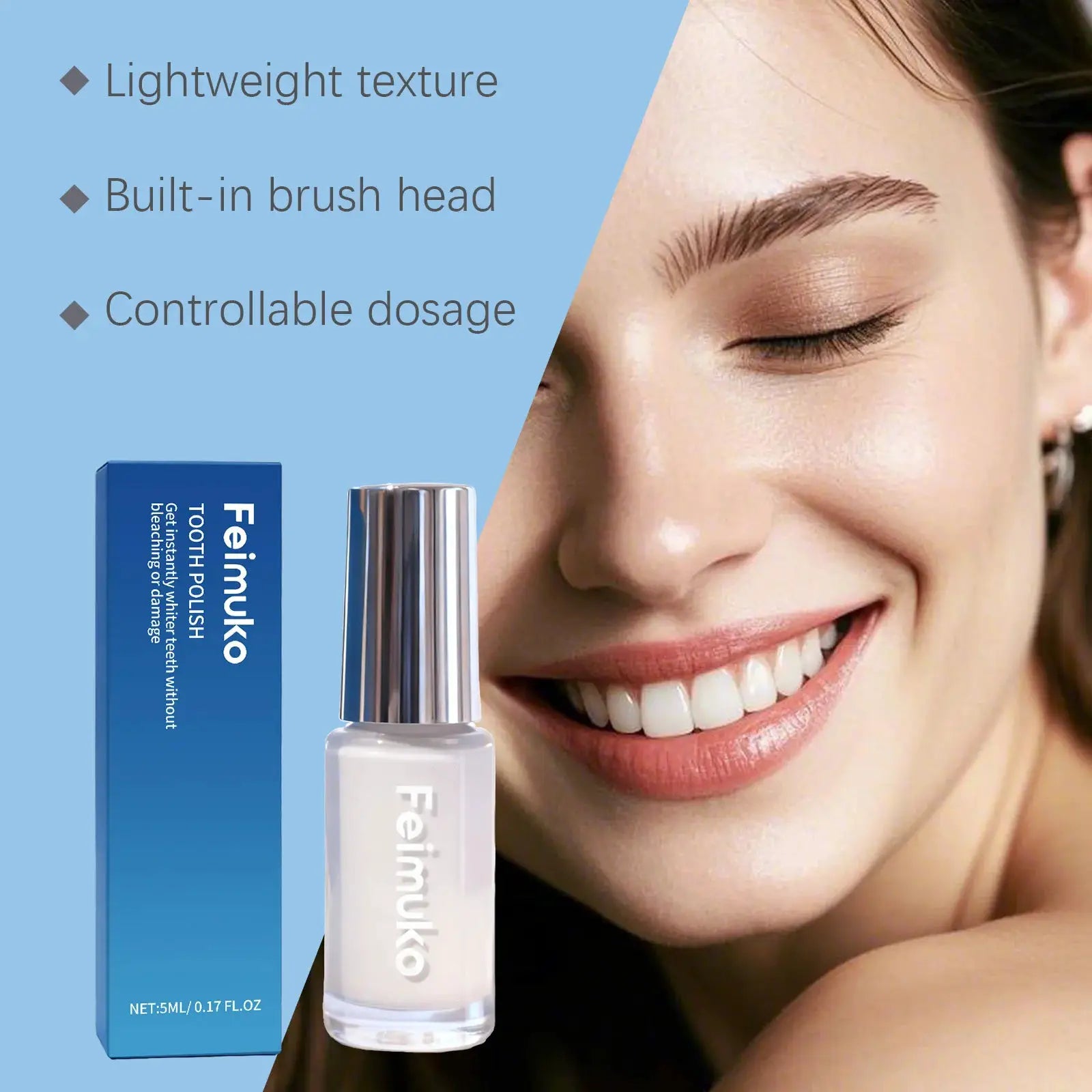 Simples Market 5ml tooth whitening paint kit with blue box and white bottle, smiling woman