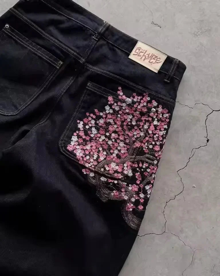 Y2K Vintage Low Waist Wide Leg Jeans With Cherry Blossom Embroidery