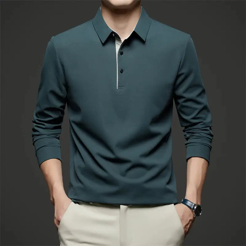 Men's long-sleeve polo shirt, teal, solid color, business casual top.