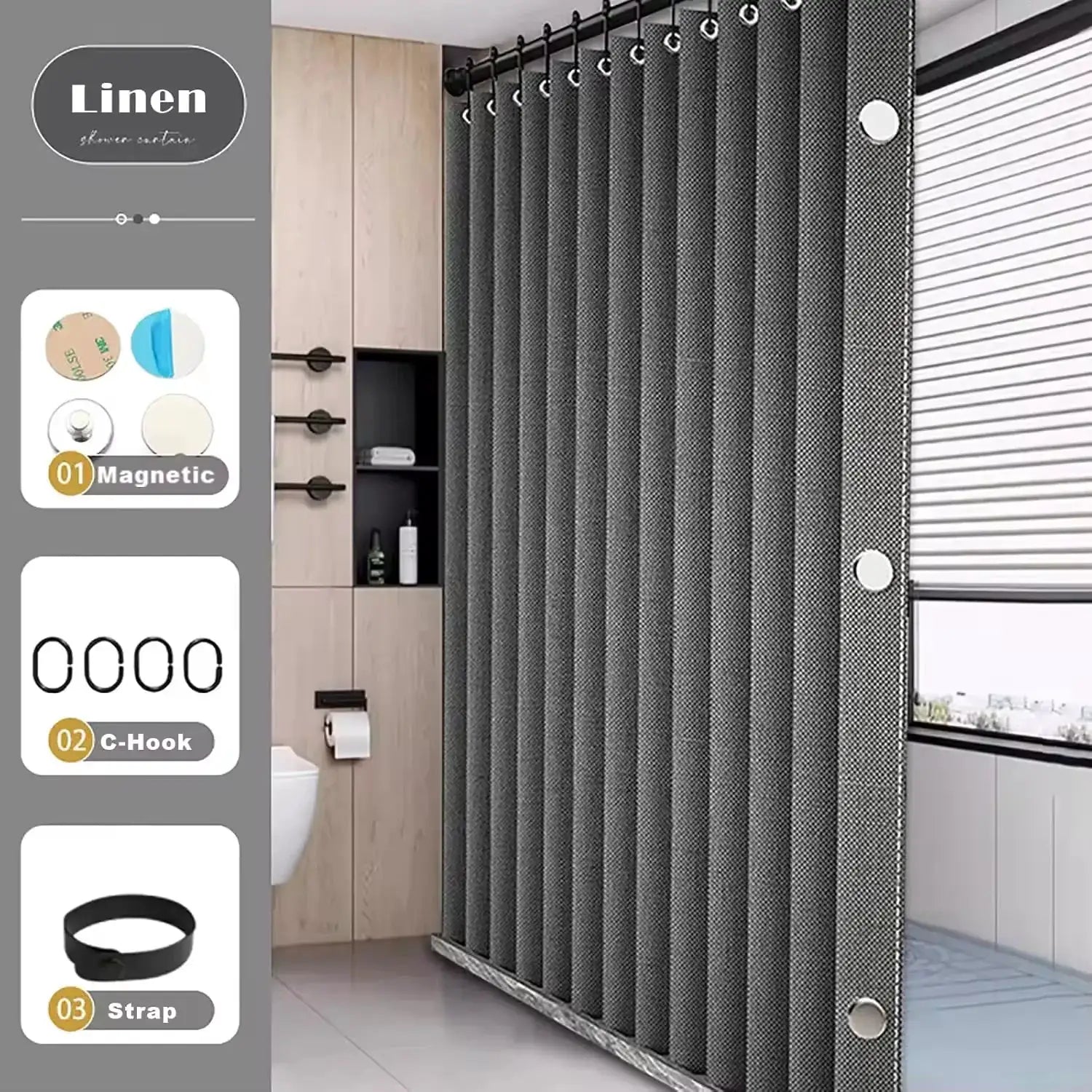 Simples Market linen magnetic foldable shower curtain for walk-in shower; dark gray with metal grommets