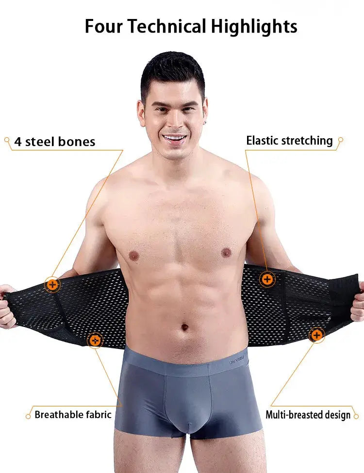 Men's waist trainer belt shaper in black breathable mesh with 4 steel bones, Simples Market