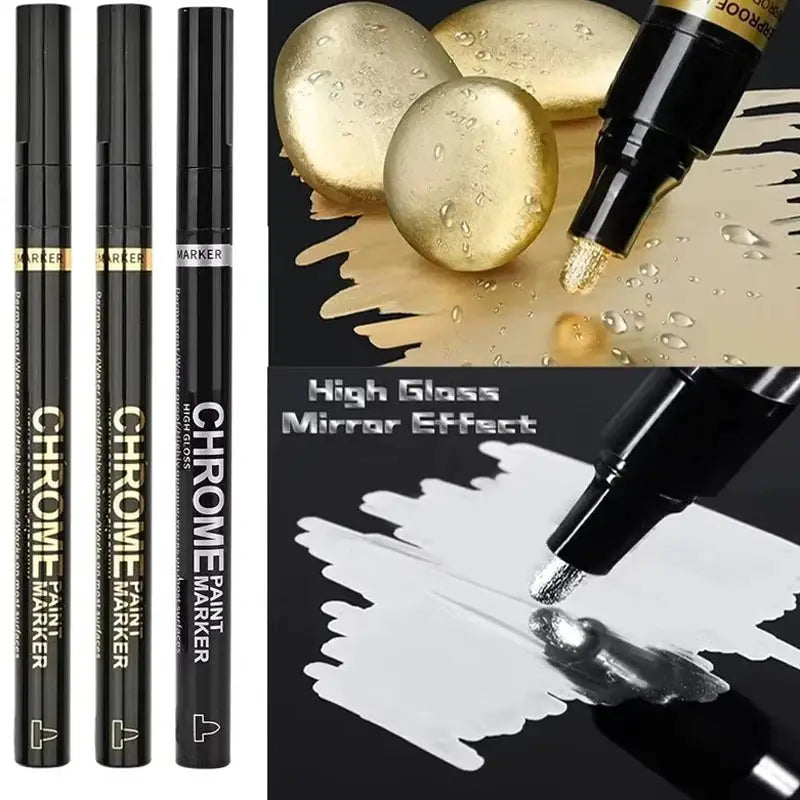 Simples Market chrome paint markers; 3-pack with 2mm nibs, metallic gold/silver for rock, ceramic, glass.