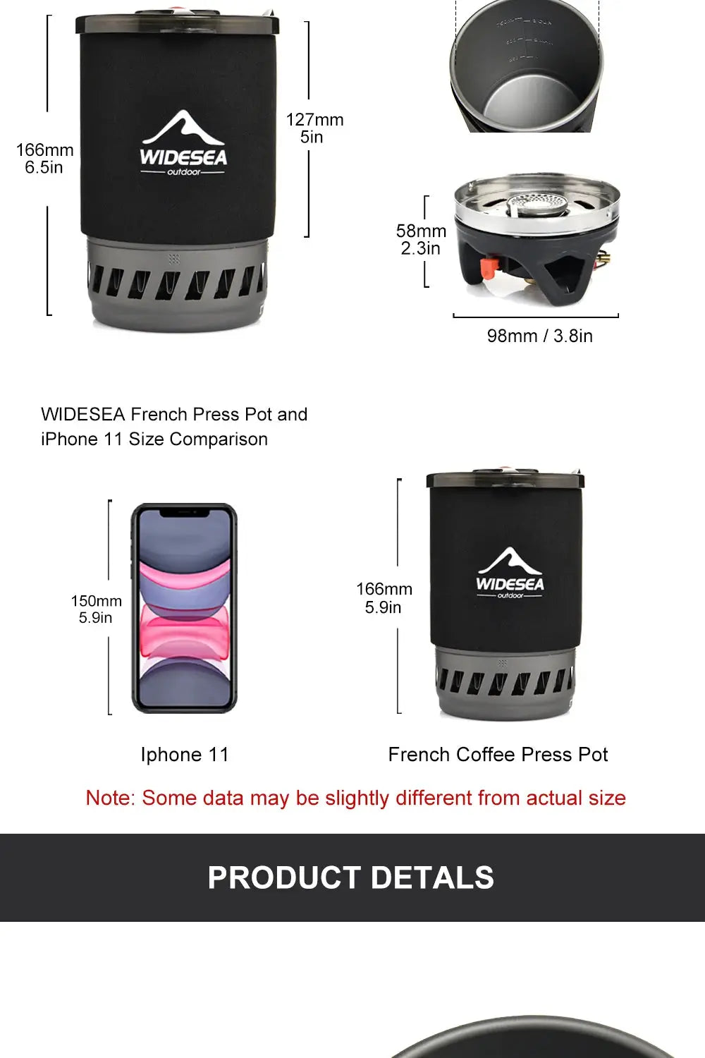 Widesea camping cooking system with heat exchanger; black sleeve, compact gas stove and stainless pot