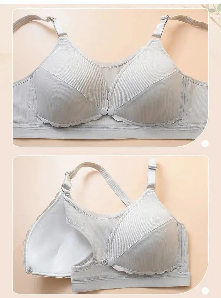 Women’s gray wireless push-up bra by Simples Market with ribbed cups, scalloped trim, and adjustable straps