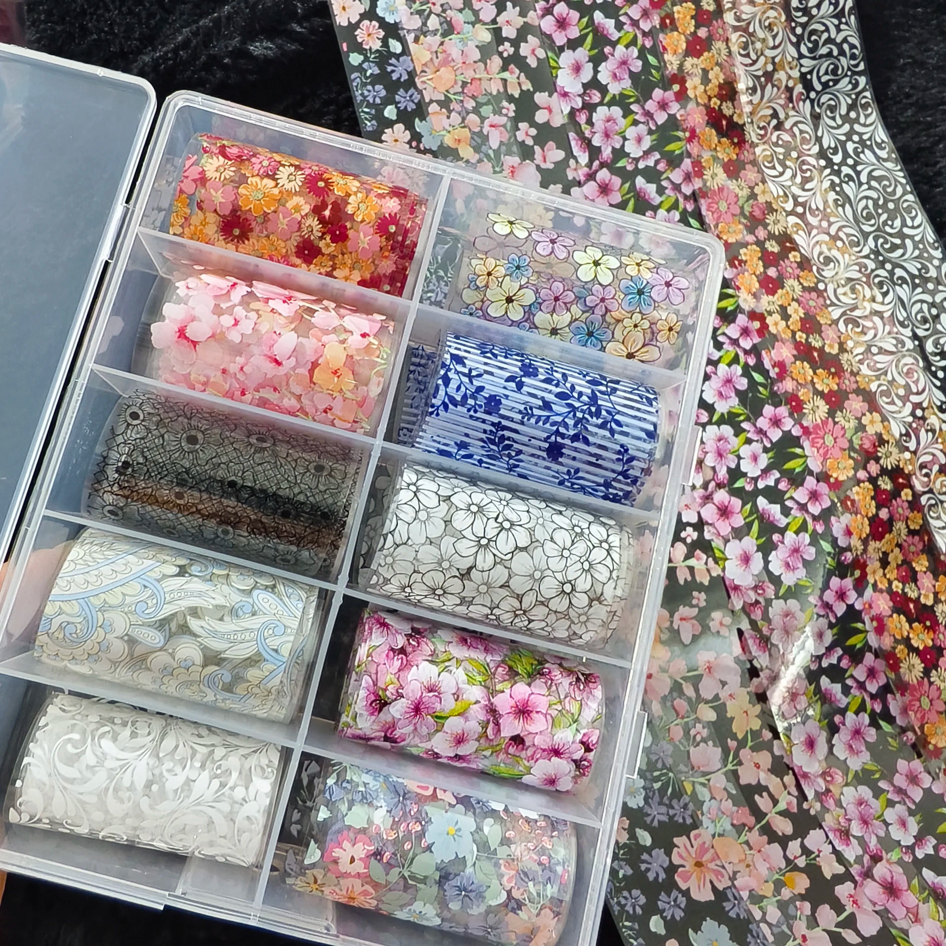 Nail foil sheets, Simples Market 10-roll set with floral, plaid, marble and bow designs in clear storage boxes