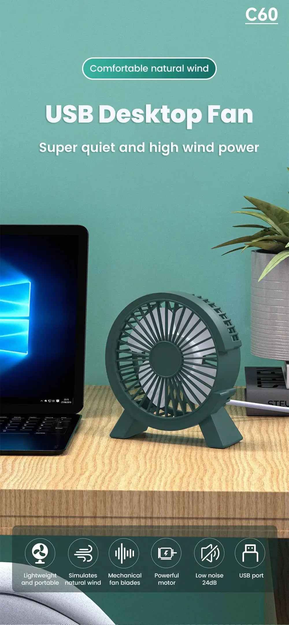 Simples Market USB desk fan, compact teal mini portable table fan on a desk beside a laptop.