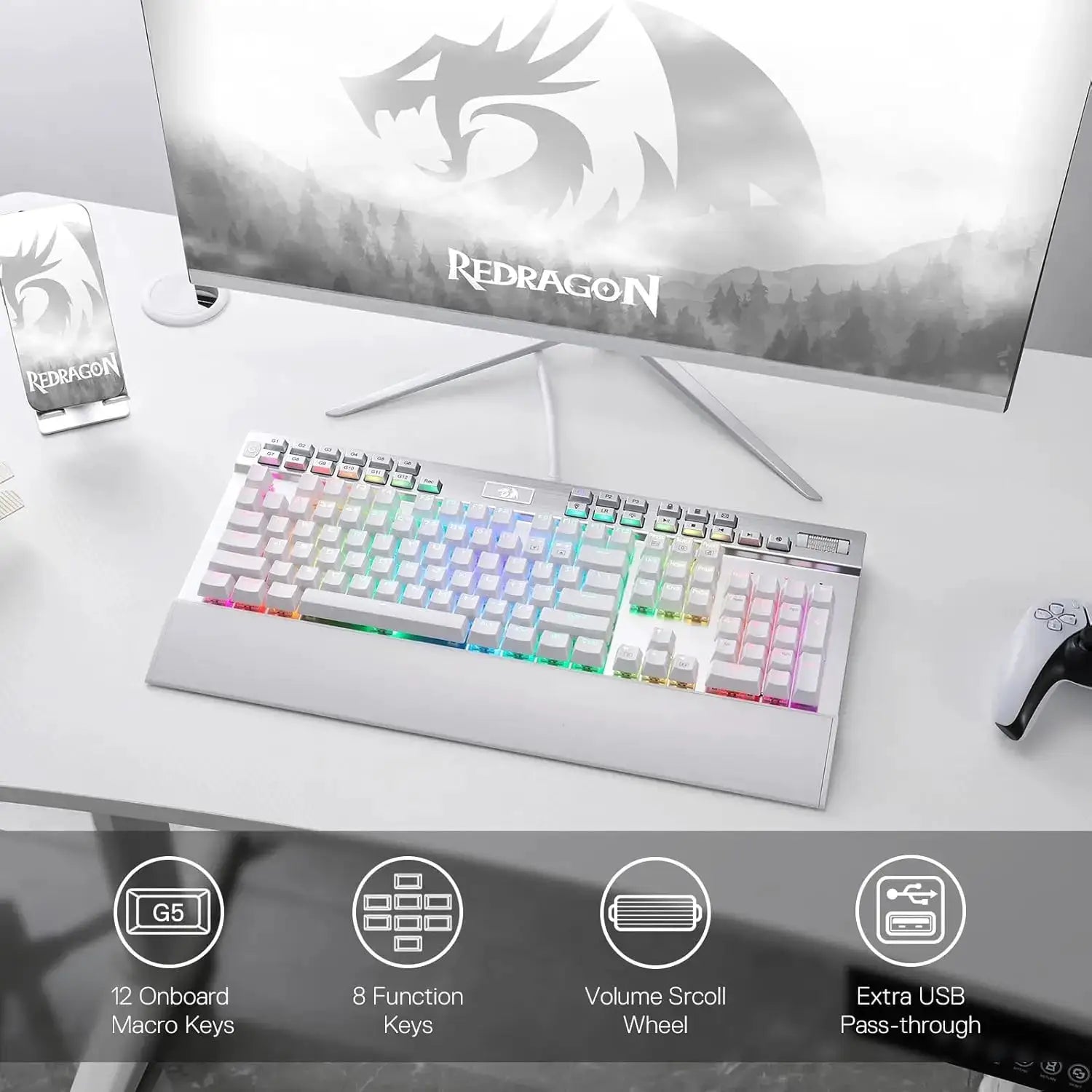 Redragon K550 RGB gaming keyboard with 104 keys, 12 macro G keys, wired mechanical, white with wrist rest