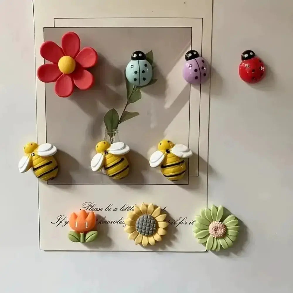 10pcs colorful refrigerator magnets set with bees, flowers and ladybugs for kitchen decor