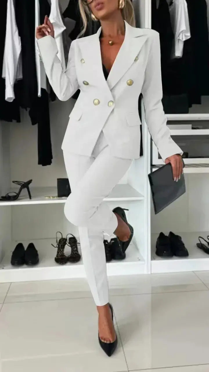 Simples Market white double-breasted blazer and trousers 2-piece office suit with gold buttons.
