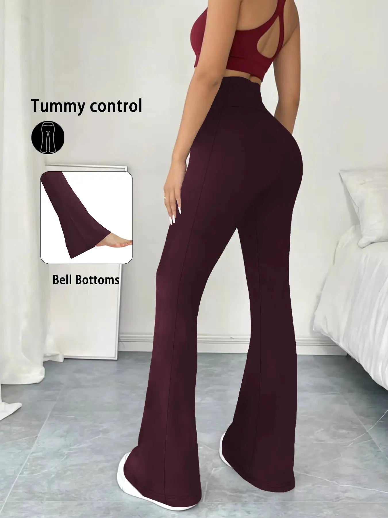 Women's burgundy high-waisted tummy-control flare pants with bell bottoms for yoga and workouts.