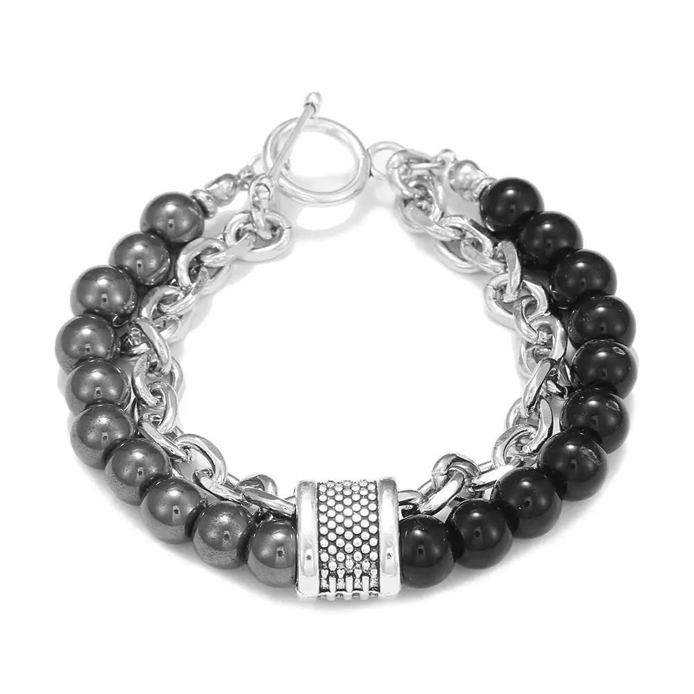 Fashion Punk Frosted Stone Chain Geometric Double Layer Beaded Bracelet Stainless Steel All Match Trend Accessory
