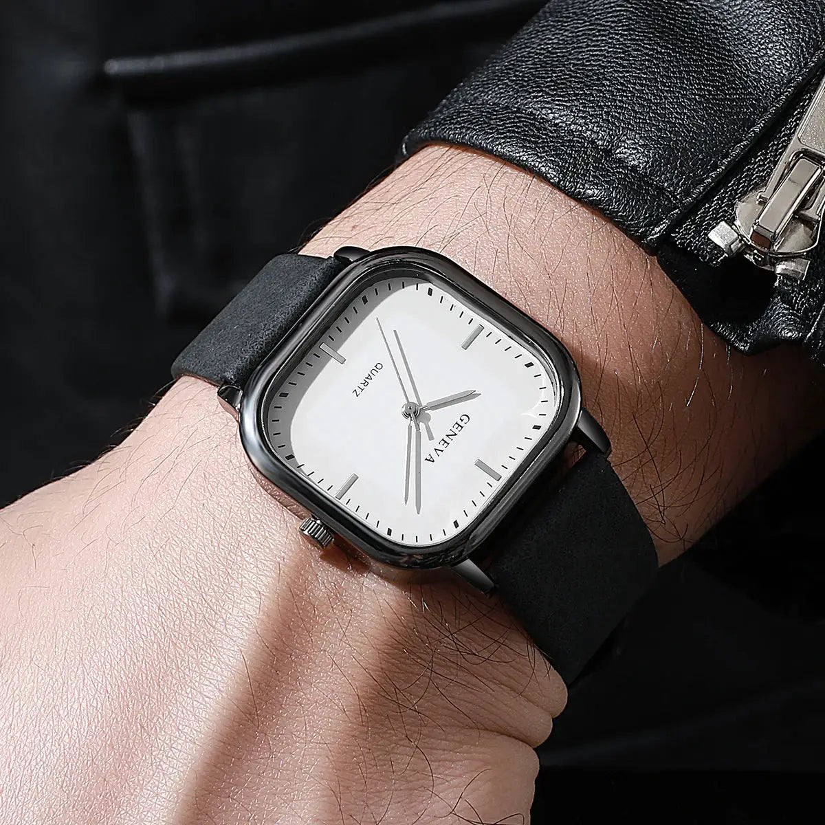 Men's square-dial quartz watch with black leather strap, Geneva