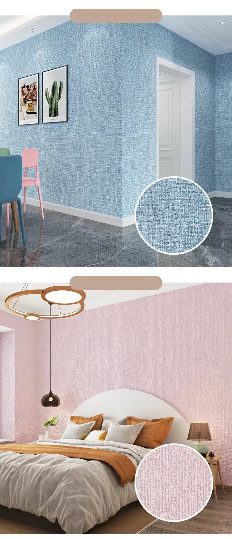 Simples Market 10m 3D thickened self-adhesive thermal insulation wallpaper with blue and pink linen textures