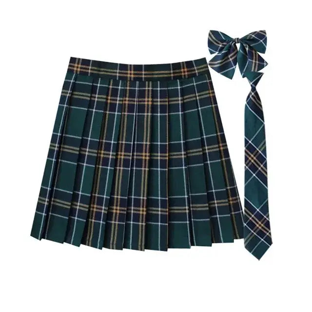 Women plaid pleated 2-piece skirt with necktie bowtie, Simples Market, green A-line mini school skirt