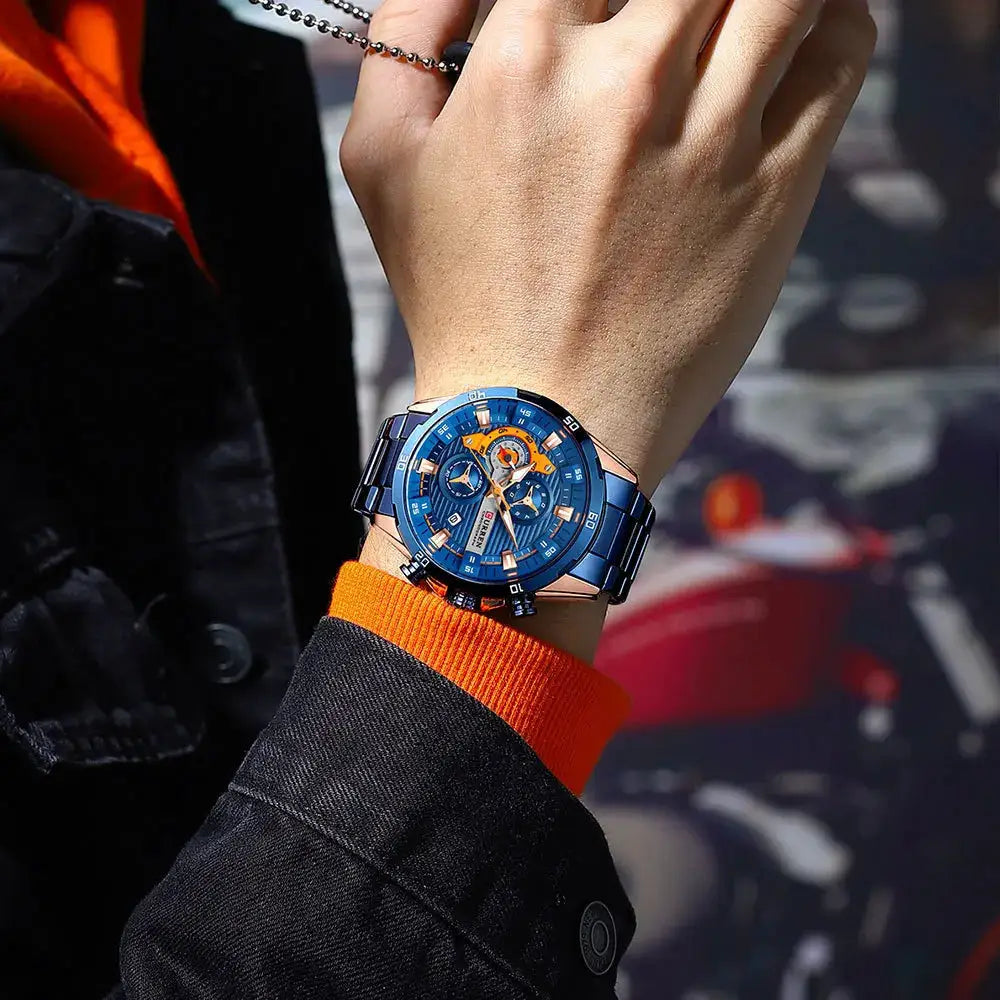 Curren 8402 blue stainless steel men's chronograph wristwatch with luminous dial