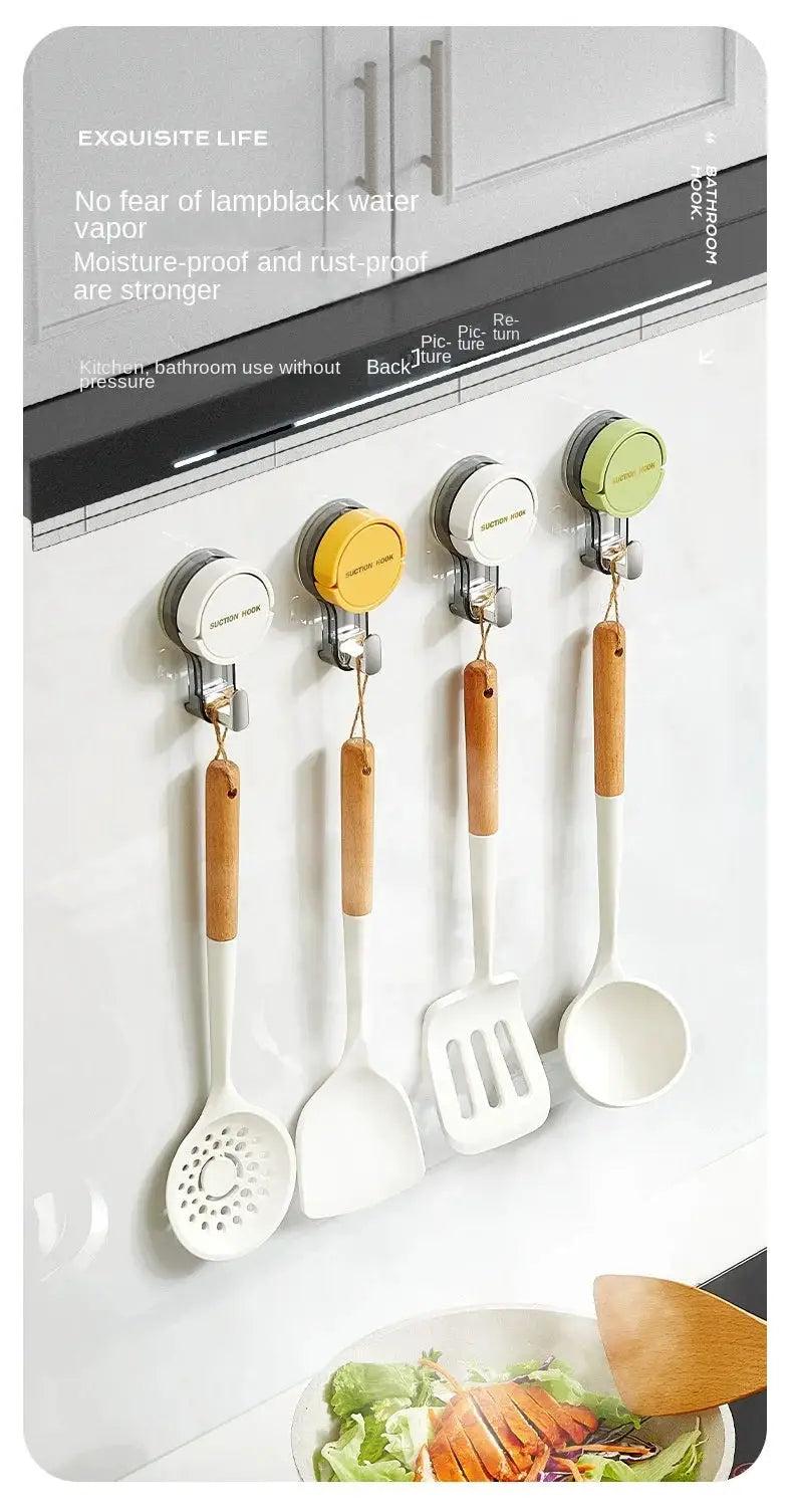 Simples Market strong vacuum suction hooks set of 4 with colored caps on a kitchen/bathroom cabinet door.