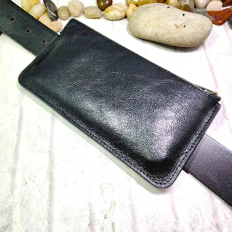 Mini zipper waist bag; black leather with belt strap, compact phone/ID pouch